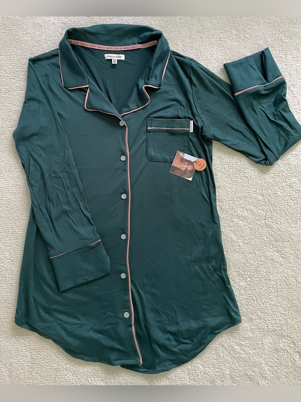 Thalia Sodi Dark Green Long-Sleeve Sleep Shirt with Pink Piping